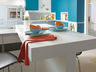 schuller kitchens, white table and blue cabinets